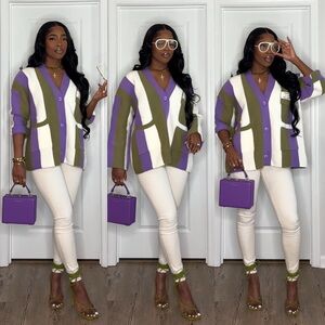 Colorblock V-Neck Cardigan in Purple, Olive & White